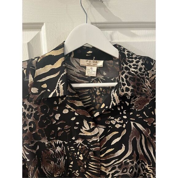 Fu Da Silk Black & Tan Zebra Tiger Print Button Up Blouse sz M EUC - Picture 5 of 6